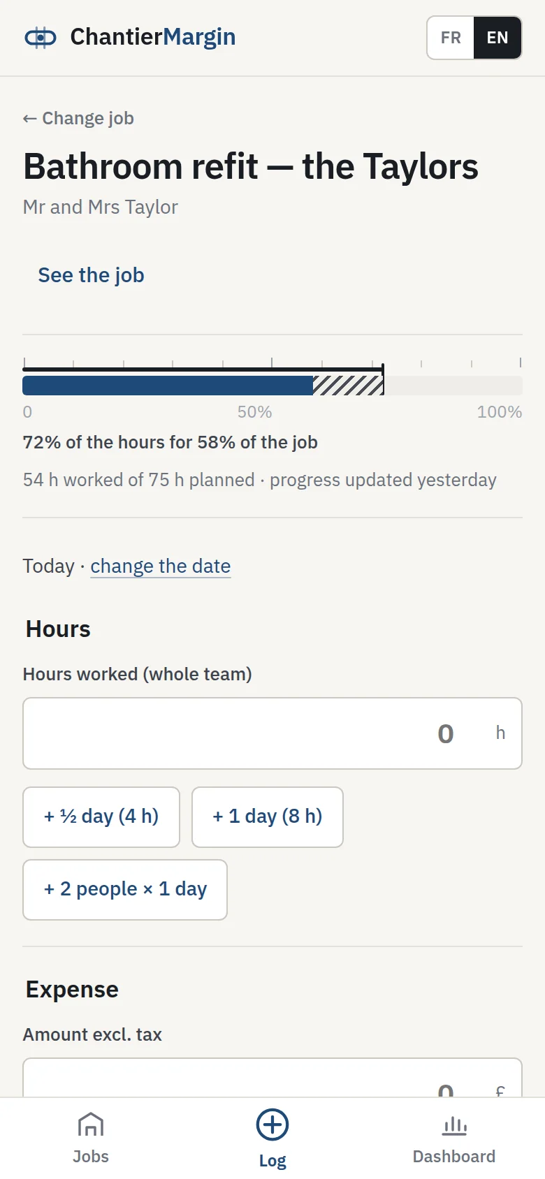 Logging on a phone: hours, expense and progress, with the job’s progress rule.