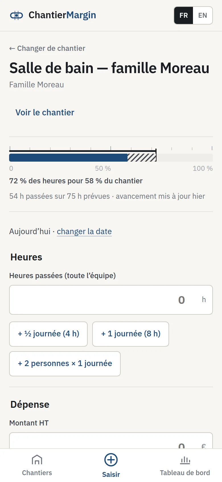 La saisie de chantier sur téléphone : heures, dépense et avancement, avec la règle d’avancement du chantier.